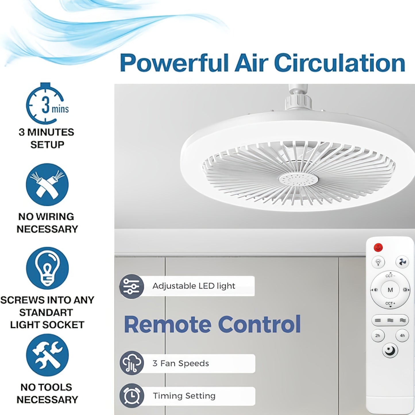 Ventilatore Soffitto LED 10" - 3 Velocità + Luce RGB 3000K-6500K, Telecomando