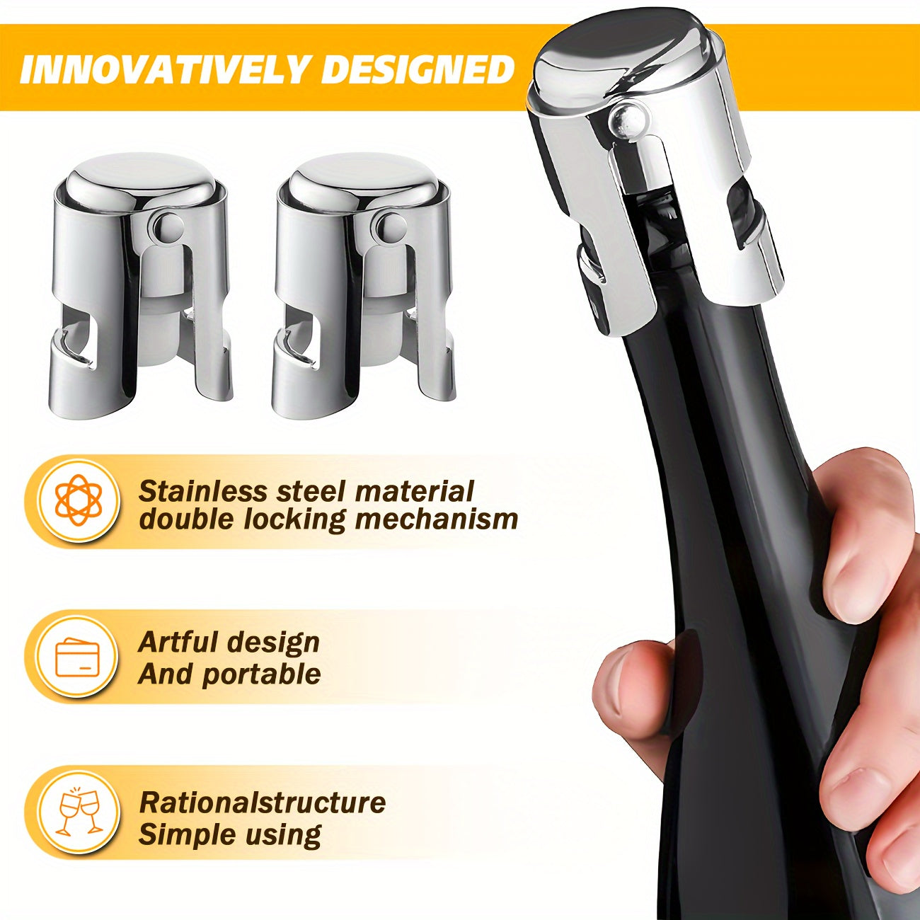 Set 2 Tappi Champagne in Acciaio Inossidabile - Sigillare/Conservare Vino - Regalo Elegante
