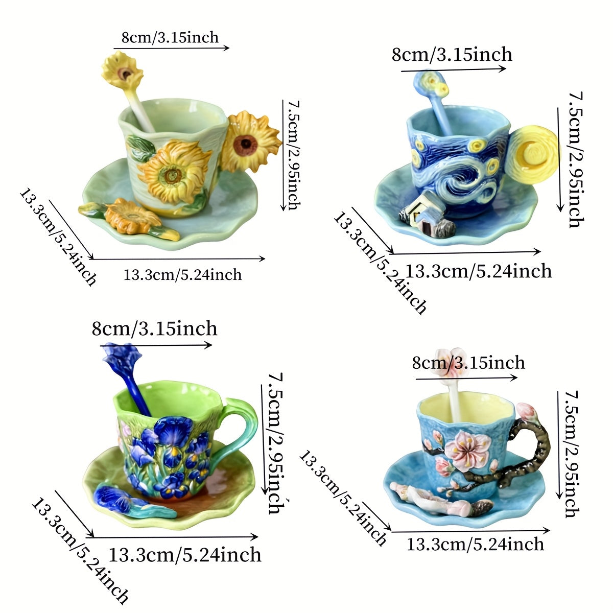 Set Tazza Ceramica Van Gogh Dipinto a Mano, Caffè con Soucer e Cucchiaio, Regalo Elegante