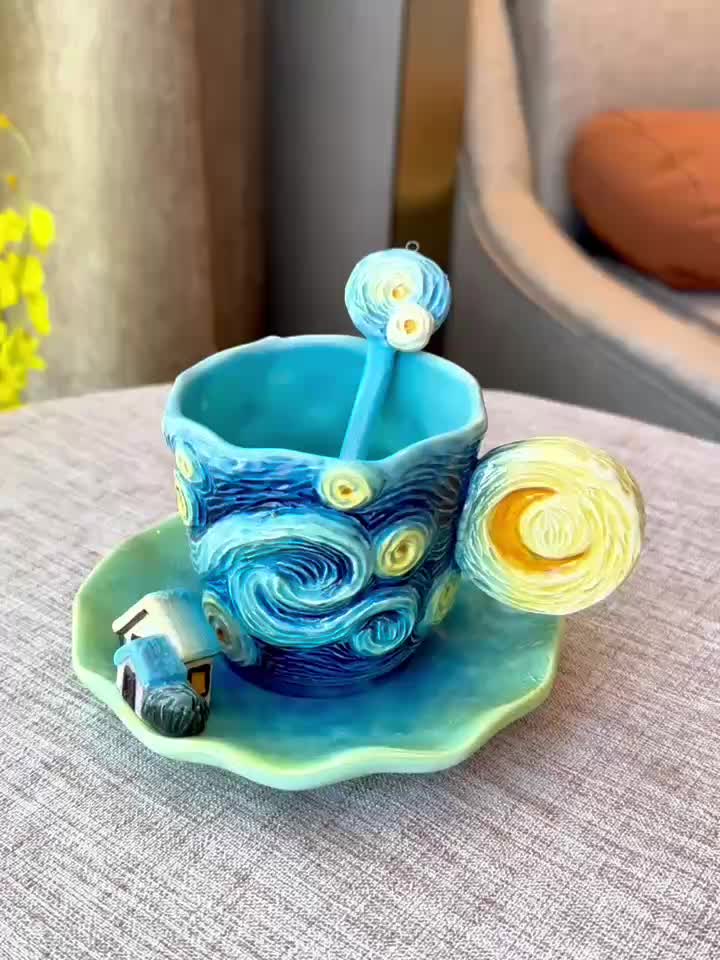 Set Tazza Ceramica Van Gogh Dipinto a Mano, Caffè con Soucer e Cucchiaio, Regalo Elegante