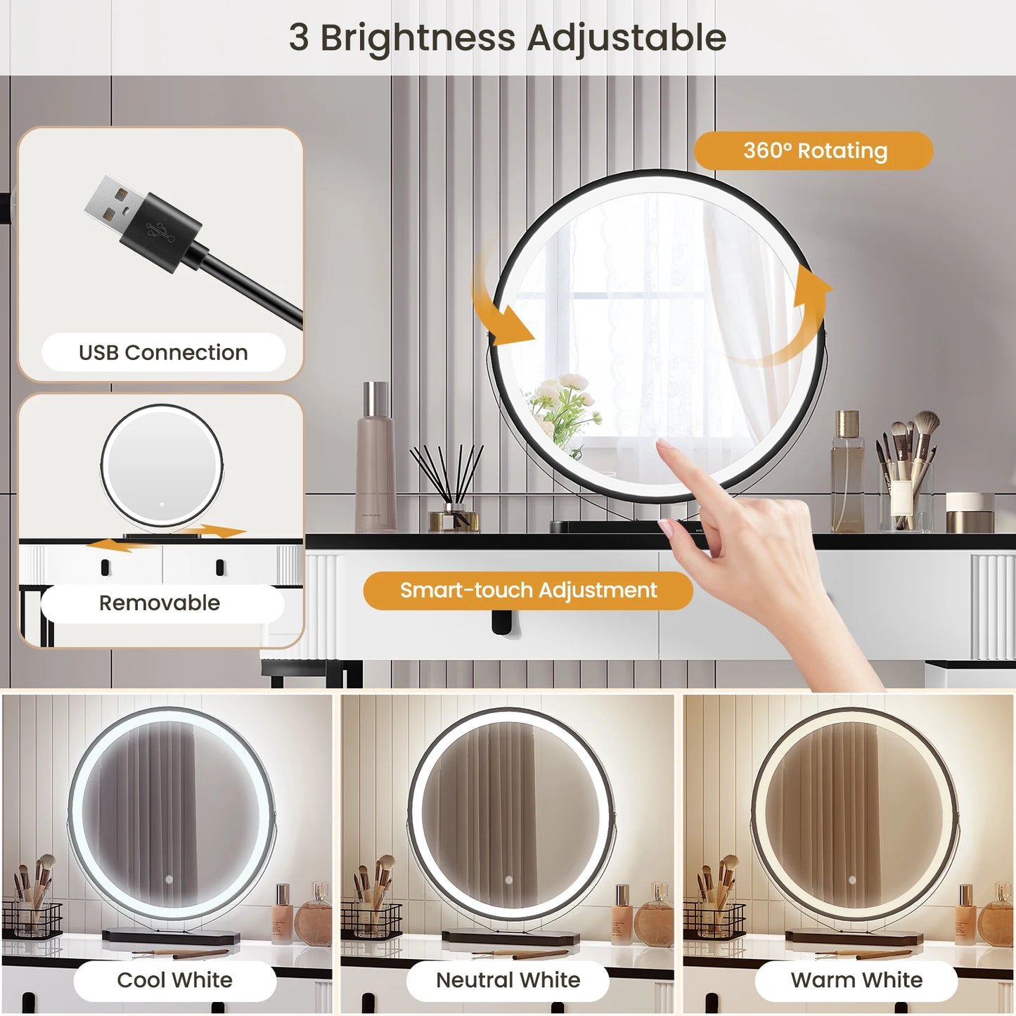 Toeletta con Specchio, 5 Cassetti, Sgabello, Bianco/Nero, Assemblaggio