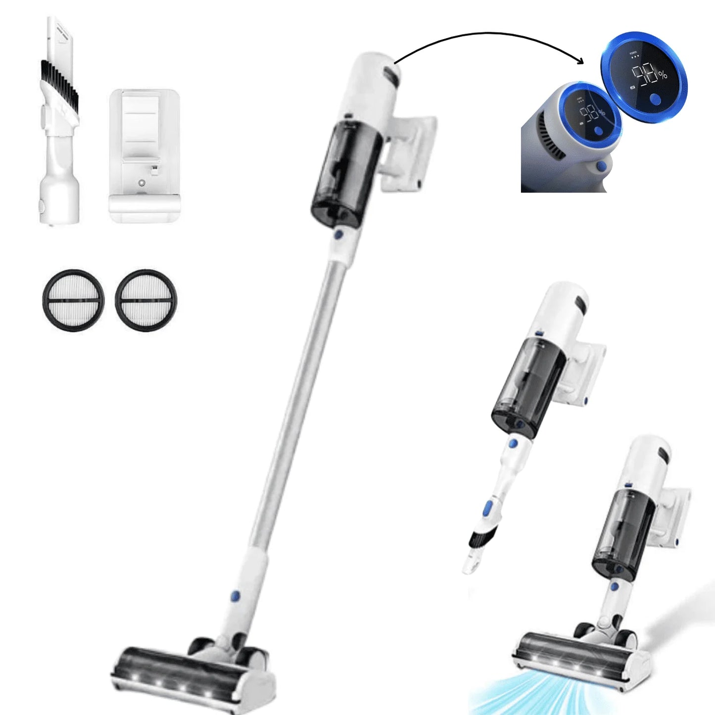 SCOPA SENZA FILI 35KPA! 💥 Potente, 45min, 6 accessori, luce LED!