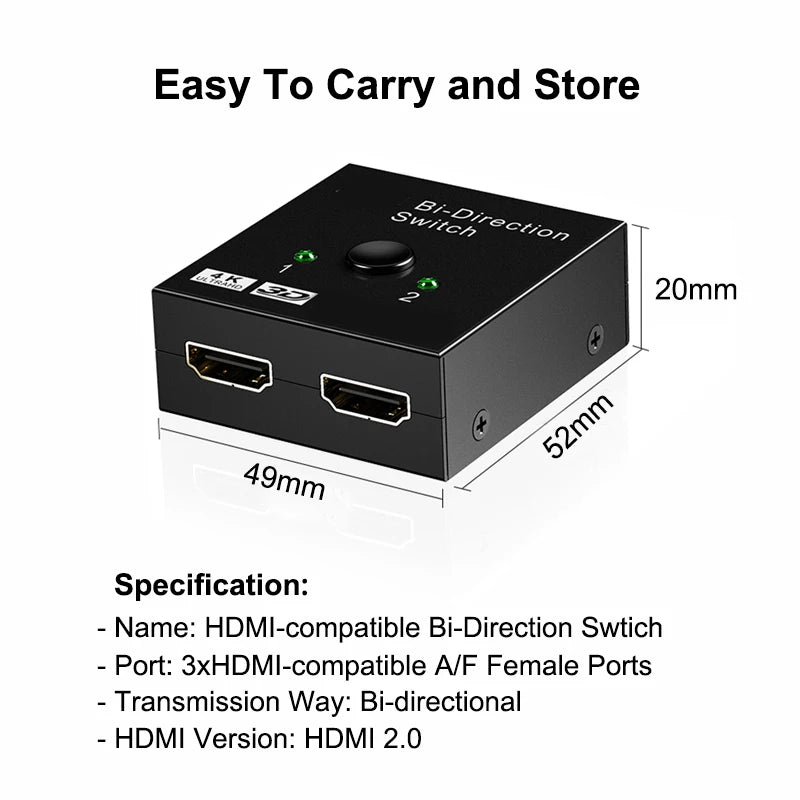 🔄 Switch HDMI 4K Bidirezionale 2 Porte - 1x2/2x1 Ultra HD con HDR e 3D
