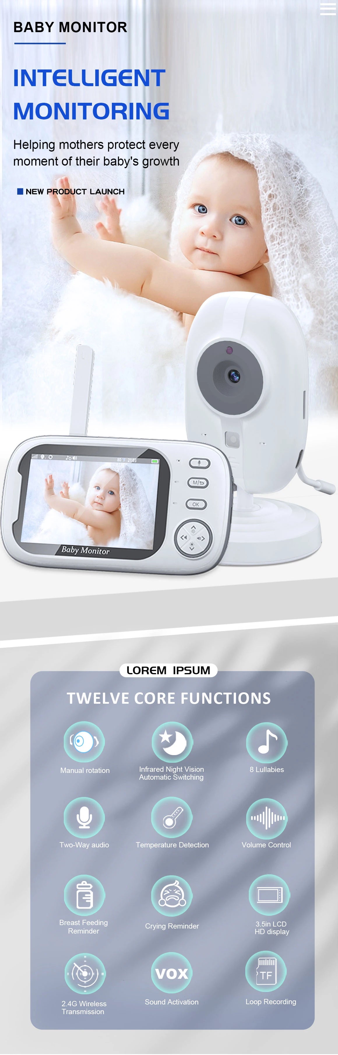 Baby Monitor 3.5'' HD con Visione Notturna, 2 Vie Audio, Sensore Temperatura