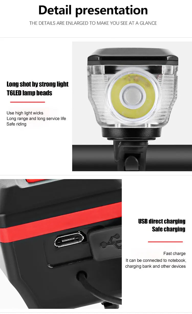 Luce Bici USB Ricaricabile - Frontale MTB/Strada, Torcia  Clacson, Display Batteria