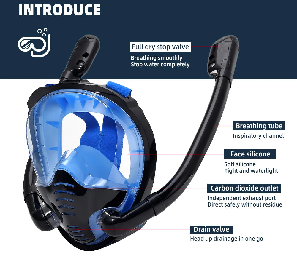 Maschera Snorkeling Panoramica 180° - Antiappannamento, Dry Top, 2 Snorkel