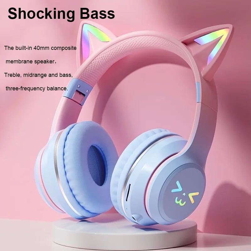 Cuffie Gatto Bluetooth 5.1 – Luci LED Colorate, Graziose Orecchie, Stereo HD