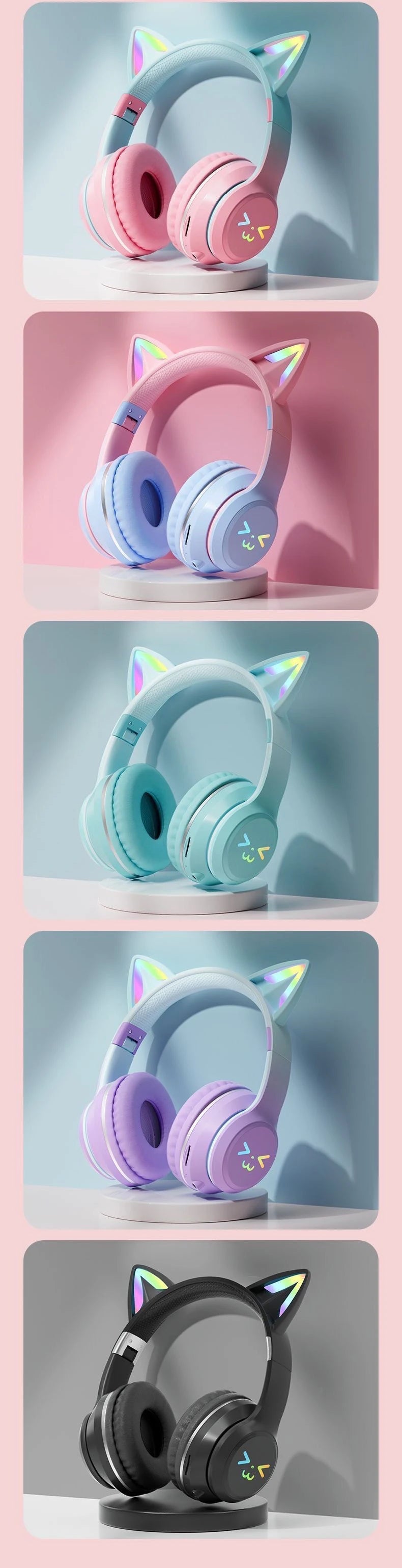 Cuffie Gatto Bluetooth 5.1 – Luci LED Colorate, Graziose Orecchie, Stereo HD