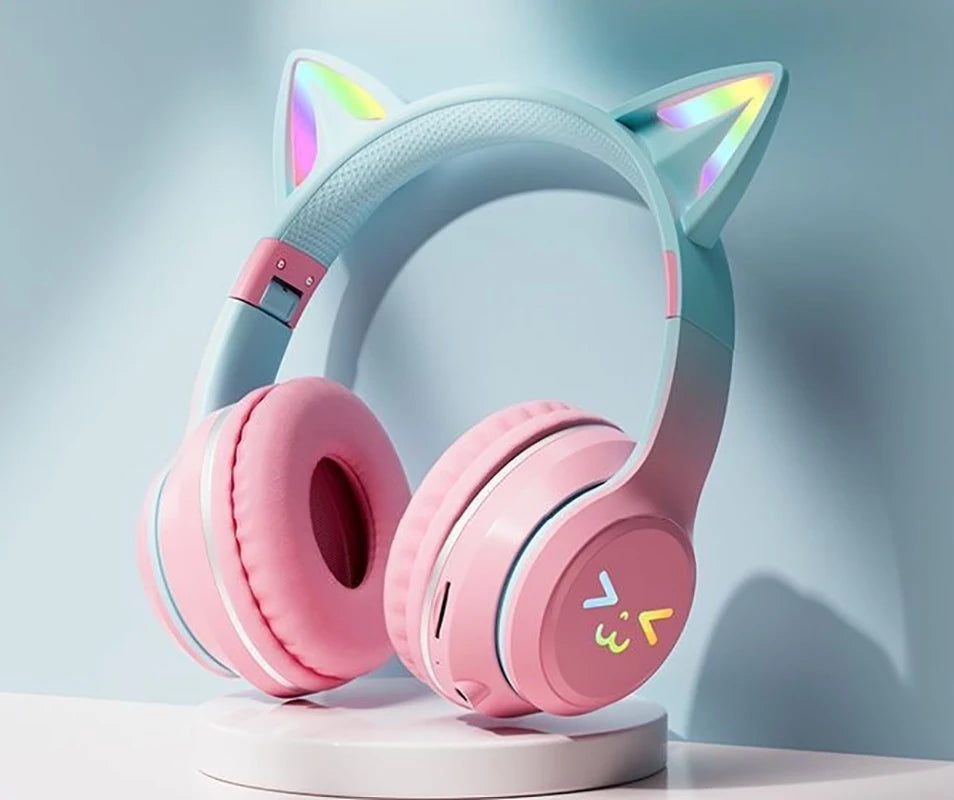 Cuffie Gatto Bluetooth 5.1 – Luci LED Colorate, Graziose Orecchie, Stereo HD