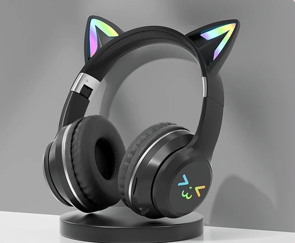 Cuffie Gatto Bluetooth 5.1 – Luci LED Colorate, Graziose Orecchie, Stereo HD