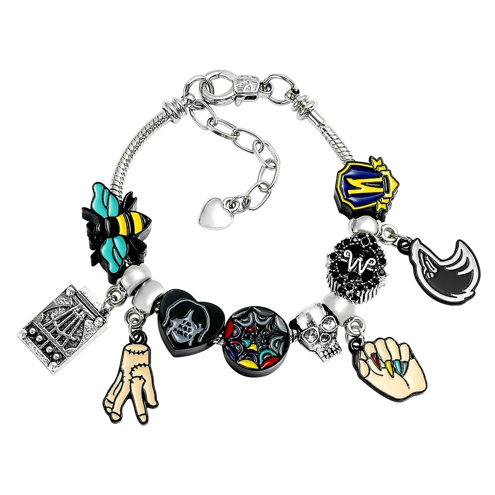 Bracciale Wednesday Addams Gotico, Ciondolo Mano, Perline Arcobaleno, Regalo Donna