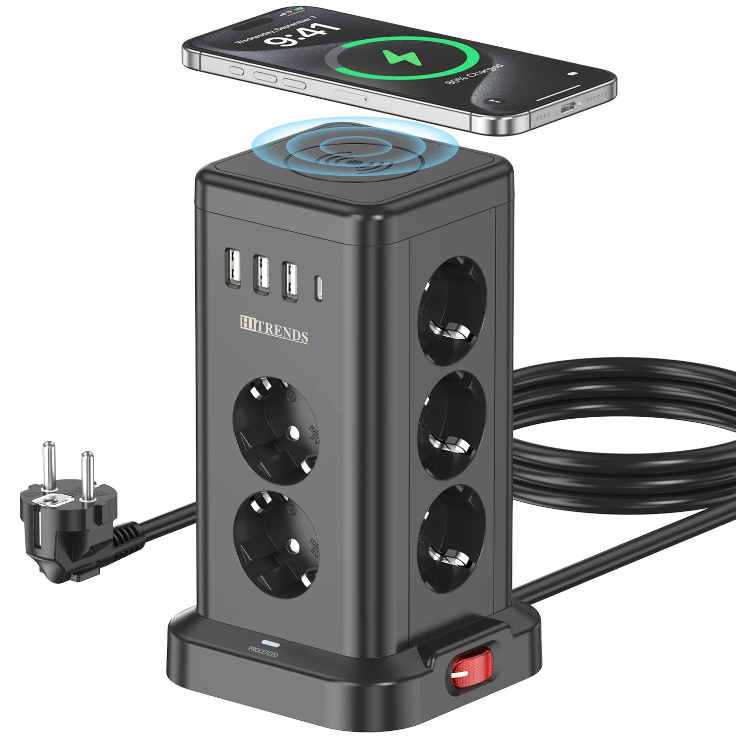 Ciabatta 11 Prese UE con Ricarica Wireless 15W, 4 USB, 2m