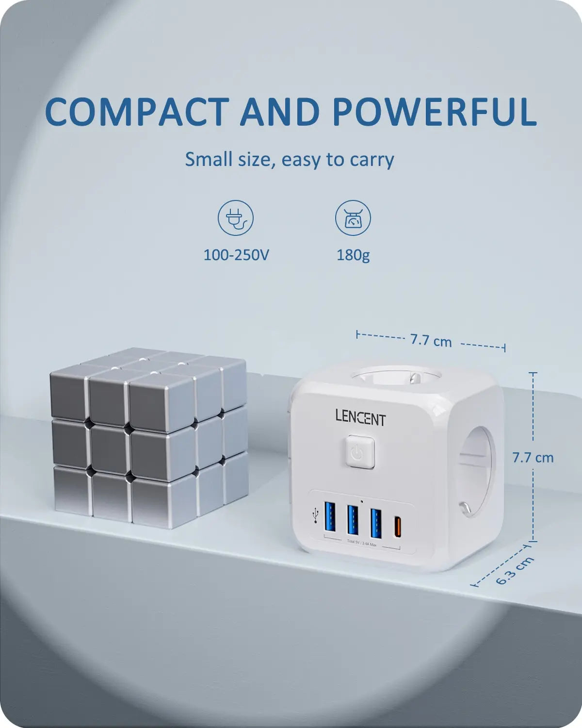 Extender Presa 7-in-1 - 3 USB + 1 Tipo C + 3 Prese EU con Interruttore