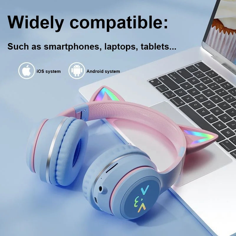 Cuffie Gatto Bluetooth 5.1 – Luci LED Colorate, Graziose Orecchie, Stereo HD