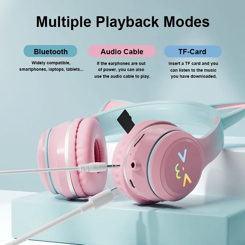 Cuffie Gatto Bluetooth 5.1 – Luci LED Colorate, Graziose Orecchie, Stereo HD