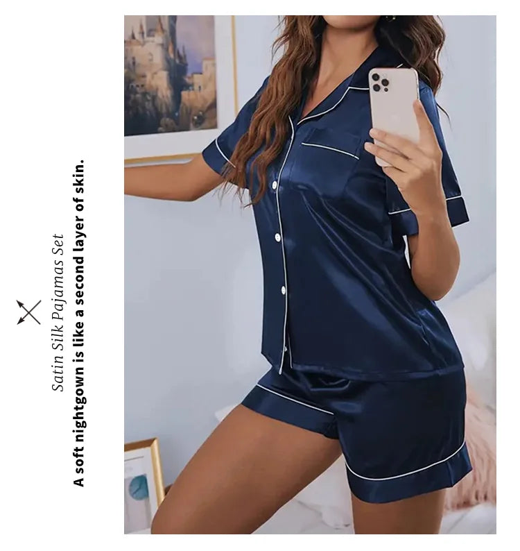 Pigiama Satin Donna - Top con Bottoni + Shorts - Set Notte Estat