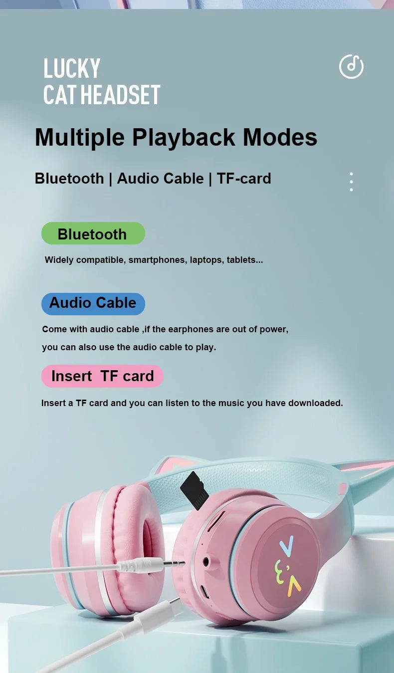 Cuffie Gatto Bluetooth 5.1 – Luci LED Colorate, Graziose Orecchie, Stereo HD