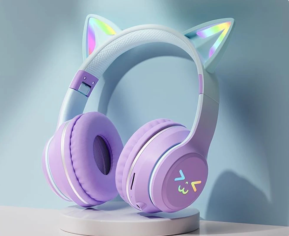 Cuffie Gatto Bluetooth 5.1 – Luci LED Colorate, Graziose Orecchie, Stereo HD