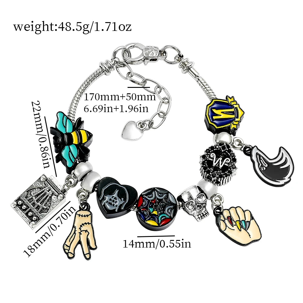 Bracciale Wednesday Addams Gotico, Ciondolo Mano, Perline Arcobaleno, Regalo Donna
