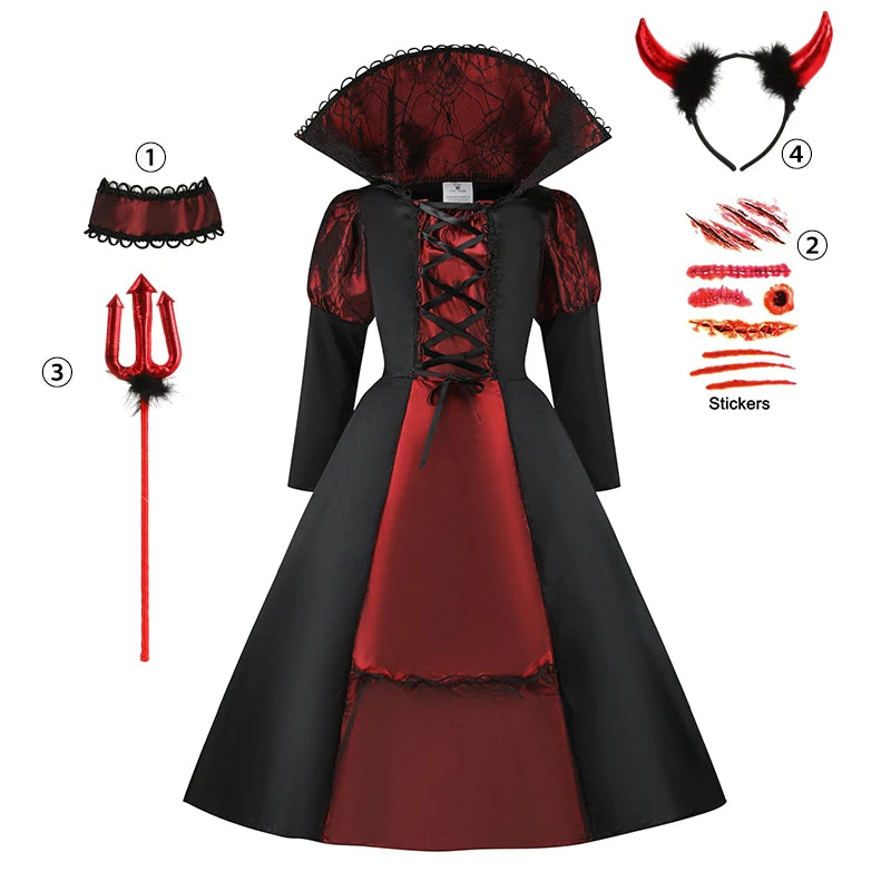 👻 Vestito Sposa Vampiro per Bambini - Maniche a Sbuffo, Stile Gotico con Fiocchi, Per Halloween e Feste!
