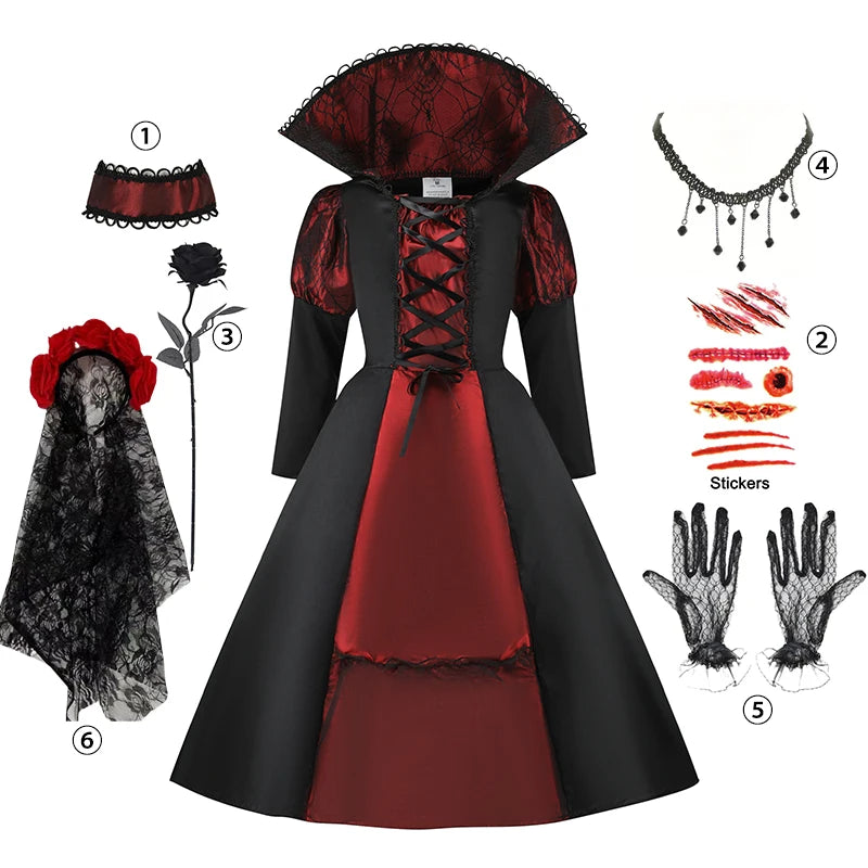 👻 Vestito Sposa Vampiro per Bambini - Maniche a Sbuffo, Stile Gotico con Fiocchi, Per Halloween e Feste!