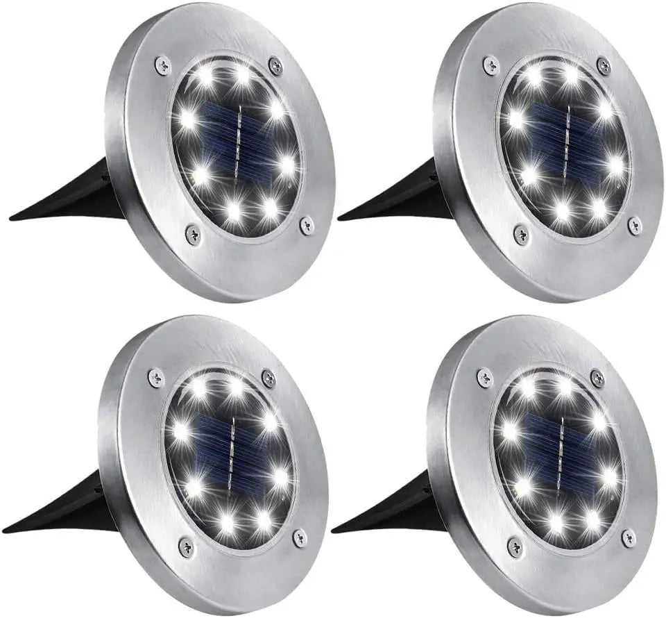 4 Pezzi Luci Solari Interrate a Disco 8LED | Acciaio Inox, Impermeabile, per Esterni | Luce da Giardino, Vialetto, Terrazzo