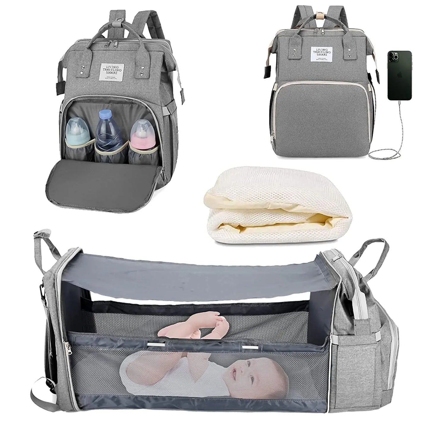 Zaino Pannolini 3in1 Impermeabile USB, Borsa Viaggio con Fasciatoio, 15 Tasche