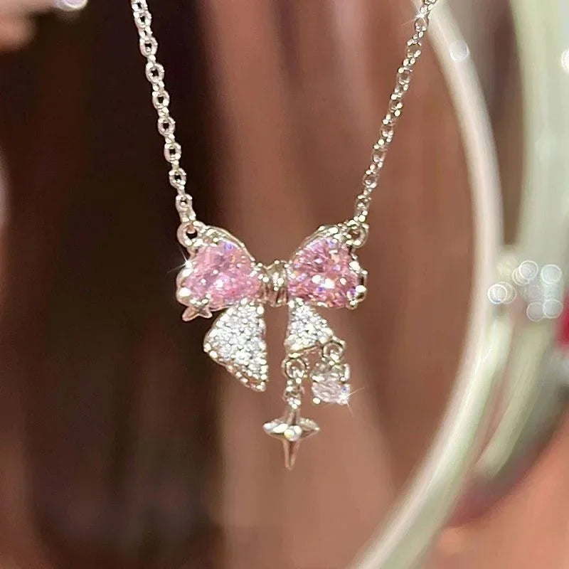 Collana Elegante con Fiocco Cristallo Rosa Stile Aesthetic