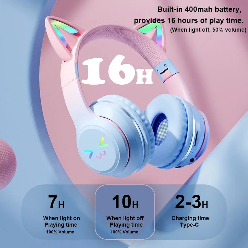 Cuffie Gatto Bluetooth 5.1 – Luci LED Colorate, Graziose Orecchie, Stereo HD
