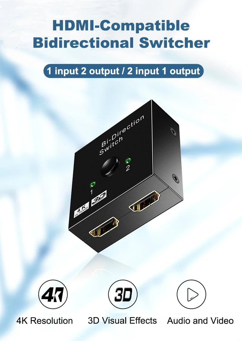 🔄 Switch HDMI 4K Bidirezionale 2 Porte - 1x2/2x1 Ultra HD con HDR e 3D