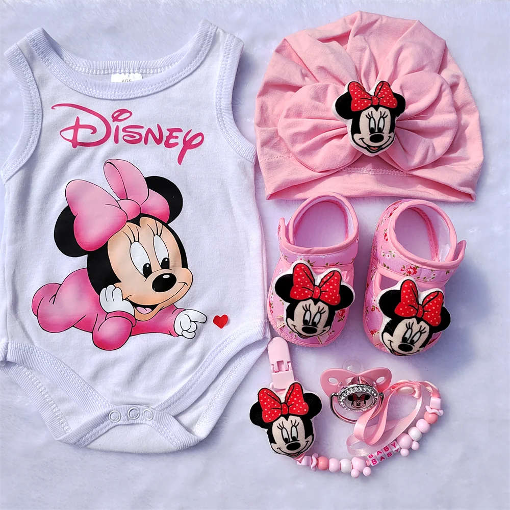 Set Neonato Minnie Mouse – Scarpe, Cappellino, Body in Cotone, Catenella Ciuccio