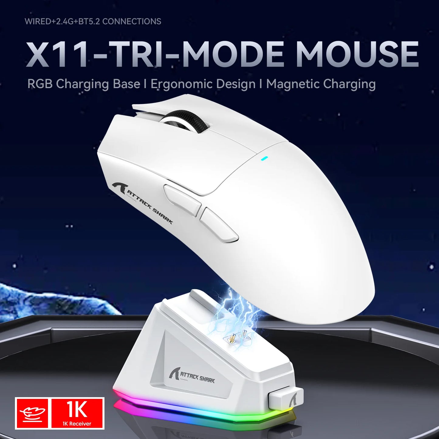 Mouse Gaming Attack Shark X11 🎮 | Trimodale BT/2.4G/Cavo | Dock Ricarica Magnetica | 22K DPI