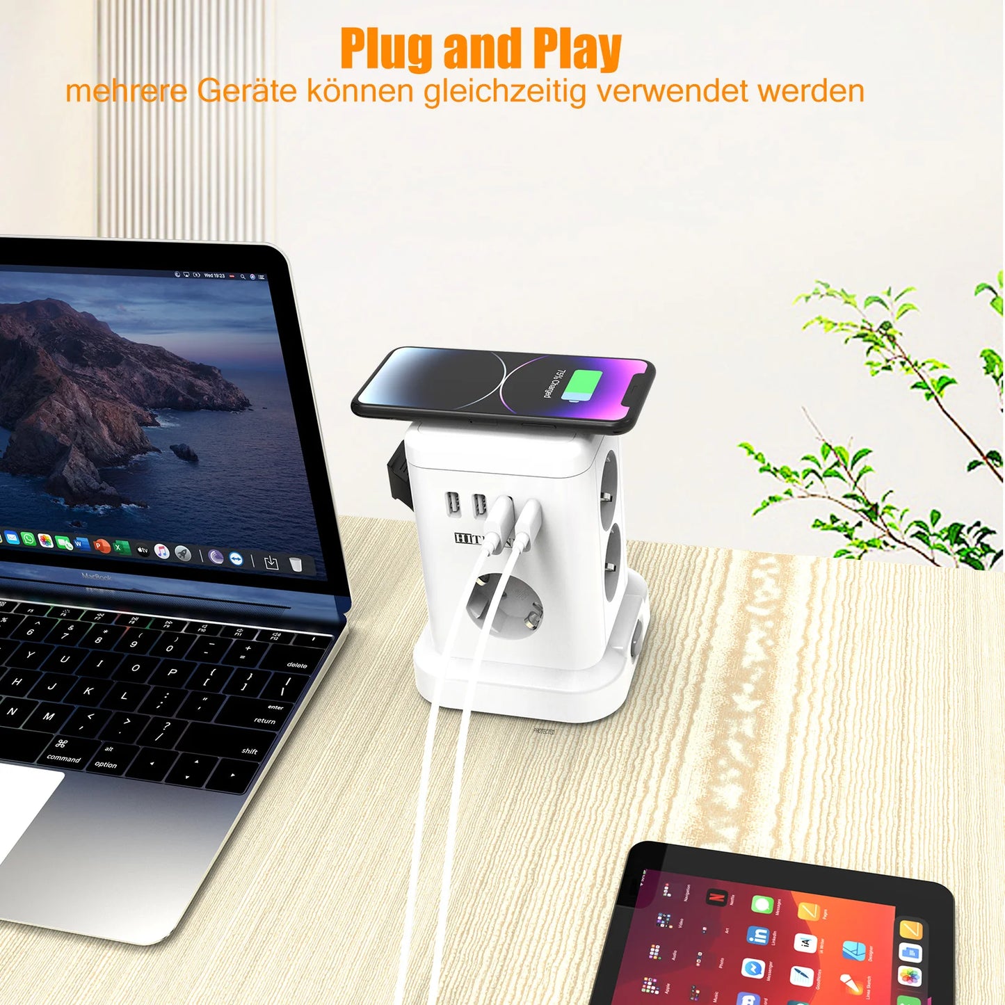 Ciabatta 11 Prese UE con Ricarica Wireless 15W, 4 USB, 2m