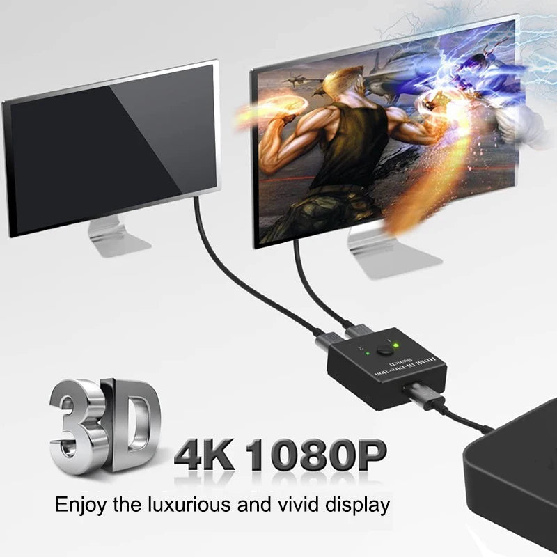 🔄 Switch HDMI 4K Bidirezionale 2 Porte - 1x2/2x1 Ultra HD con HDR e 3D