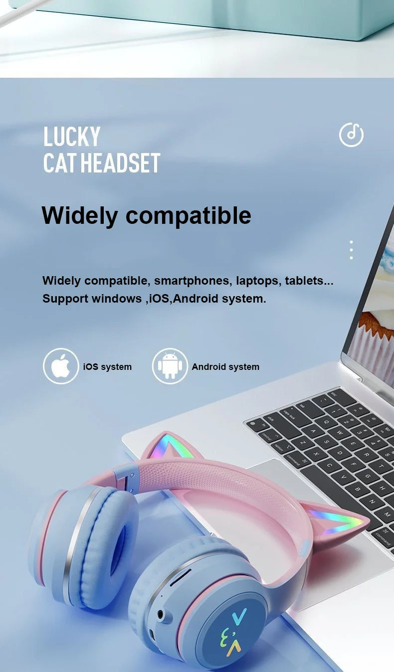 Cuffie Gatto Bluetooth 5.1 – Luci LED Colorate, Graziose Orecchie, Stereo HD