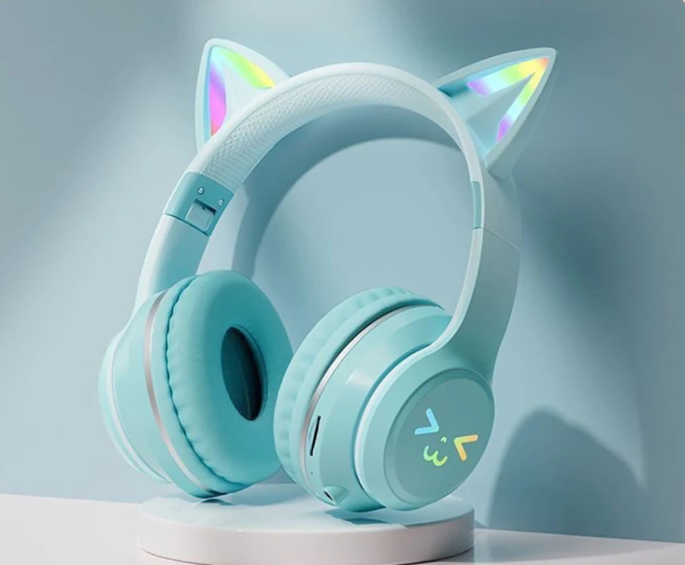 Cuffie Gatto Bluetooth 5.1 – Luci LED Colorate, Graziose Orecchie, Stereo HD