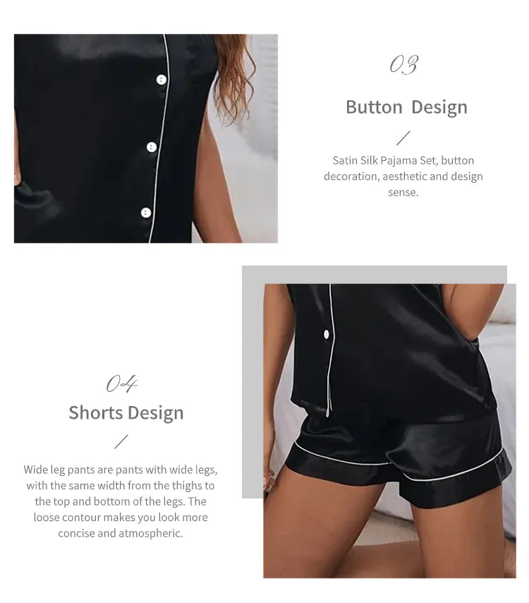 Pigiama Satin Donna - Top con Bottoni + Shorts - Set Notte Estat