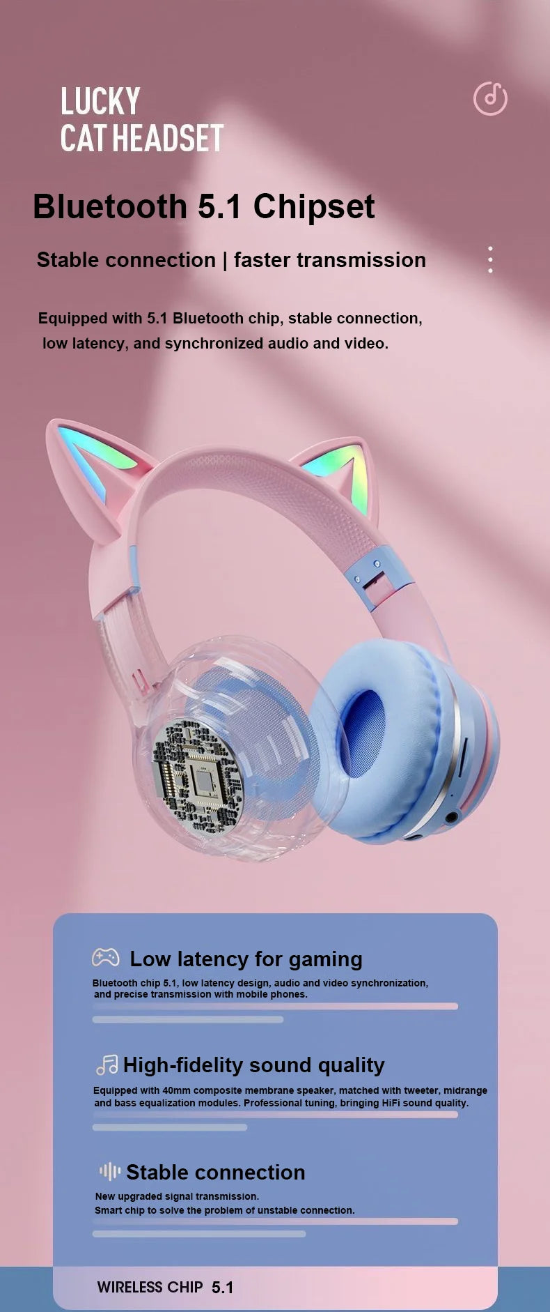 Cuffie Gatto Bluetooth 5.1 – Luci LED Colorate, Graziose Orecchie, Stereo HD