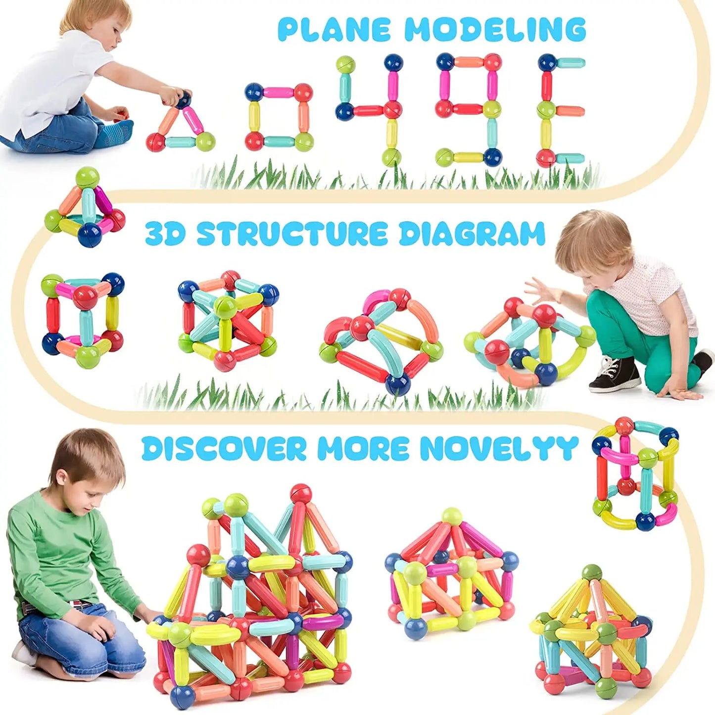 Set 100+ Blocchi Magnetici Bambini, Giocattoli Educativi, Regalo Creativo 3+