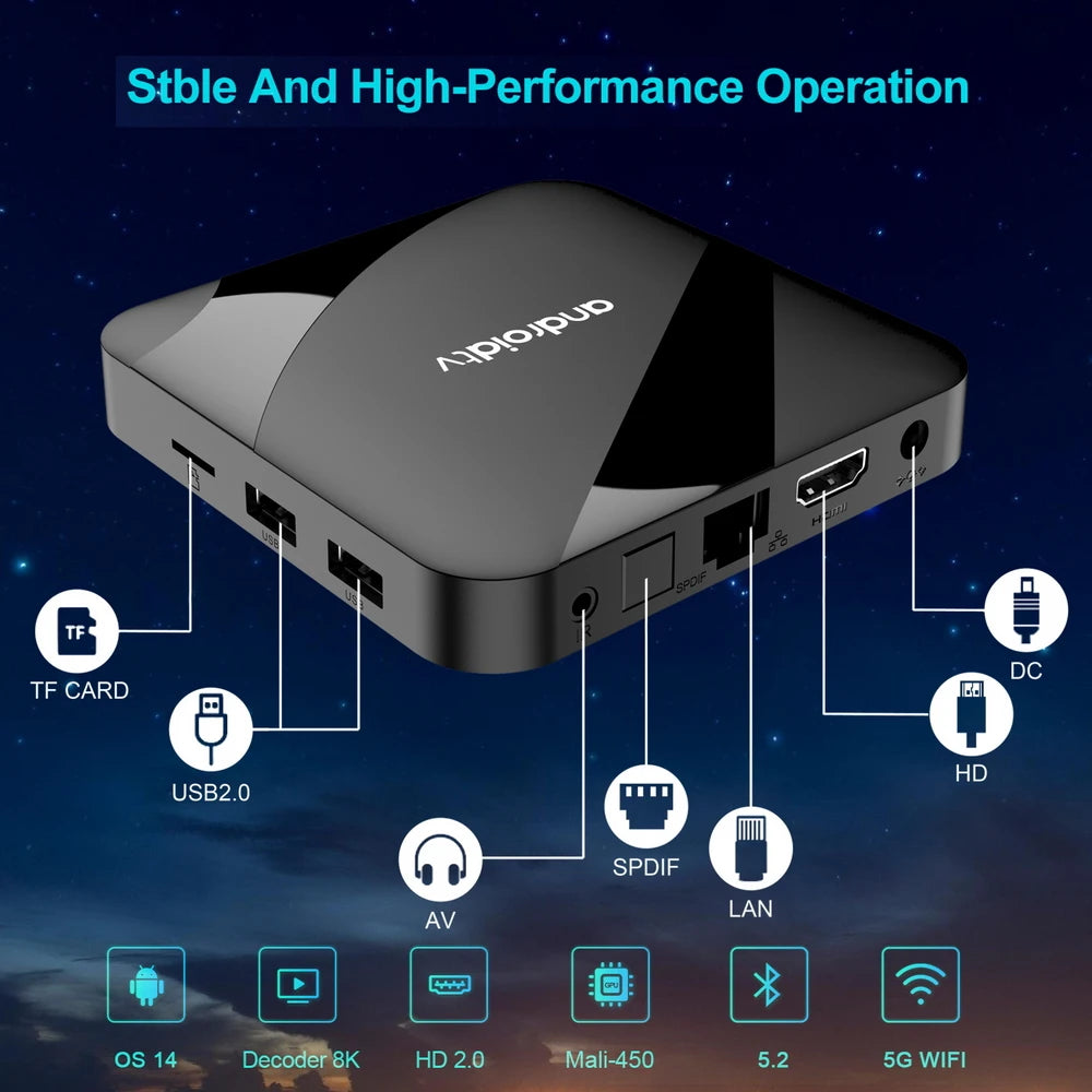 Android TV Box 14, 4+64GB, 8K, WiFi Dual-Band, BT 5.2, Voice Remote Control