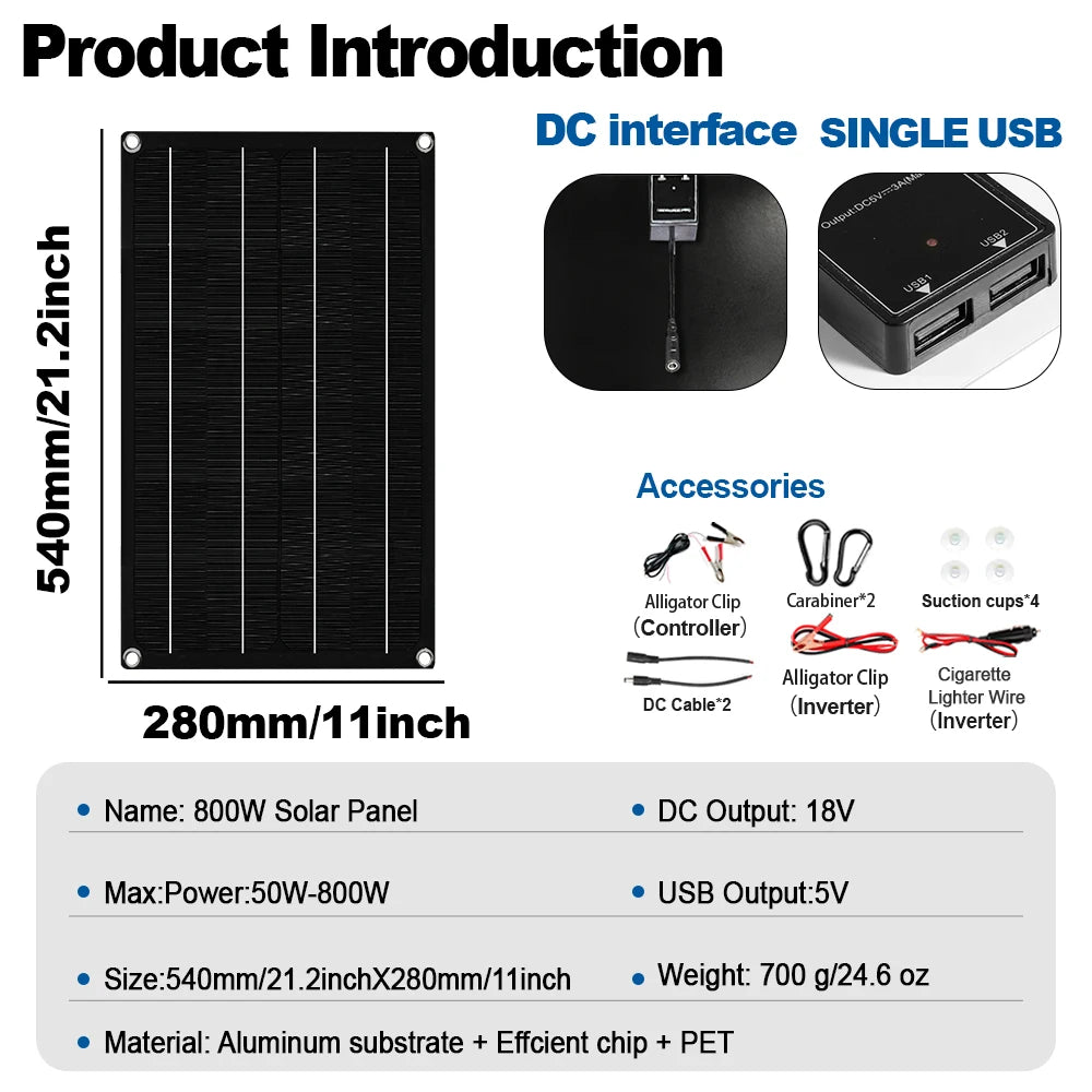 Kit Solare Completo Pannello 800W Inverter Controller + Accumulo Casa/Campeggio