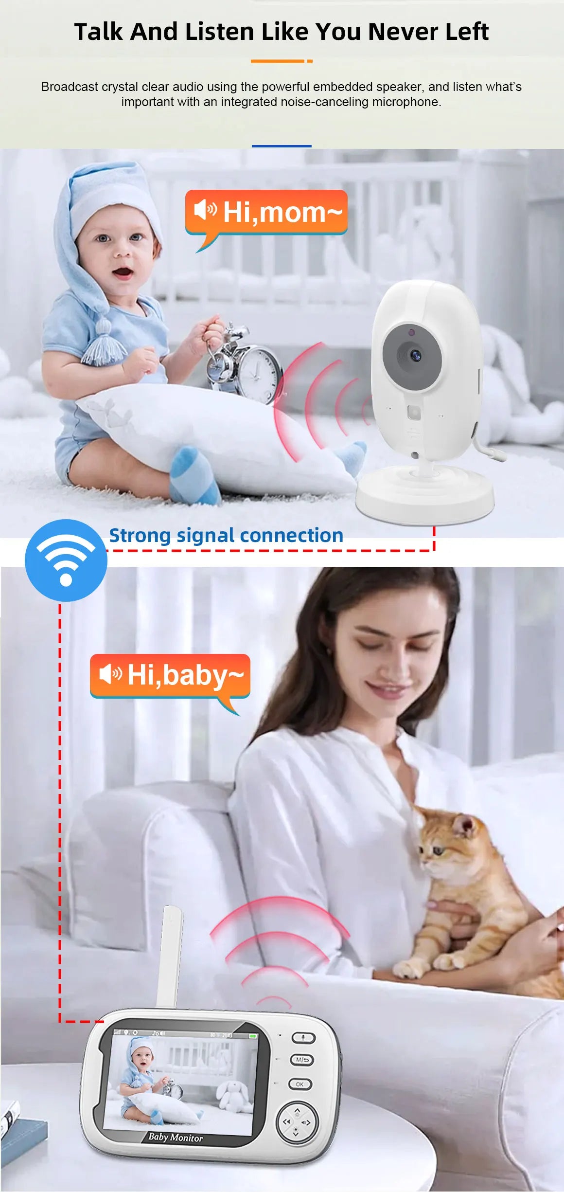 Baby Monitor 3.5'' HD con Visione Notturna, 2 Vie Audio, Sensore Temperatura