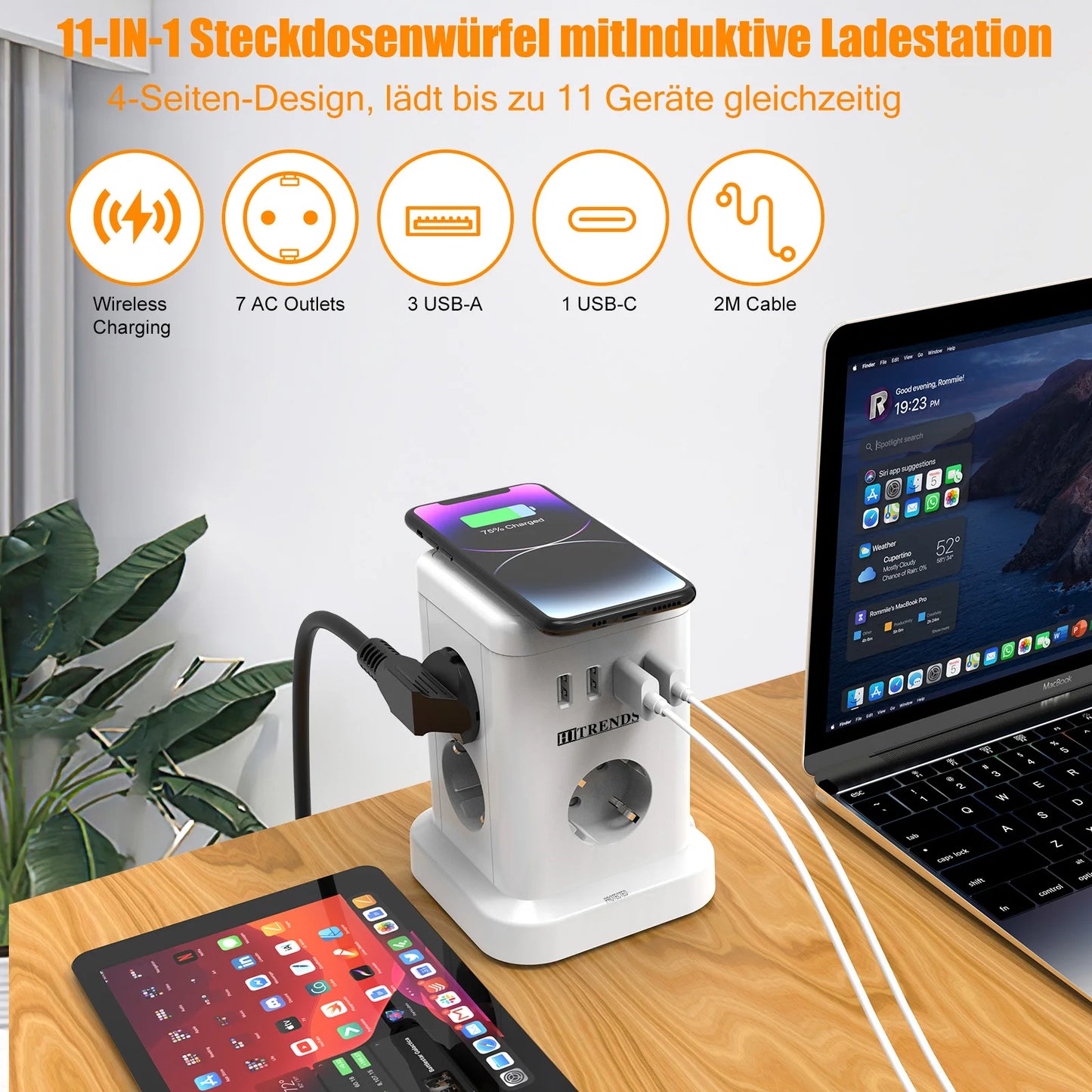 Ciabatta 11 Prese UE con Ricarica Wireless 15W, 4 USB, 2m