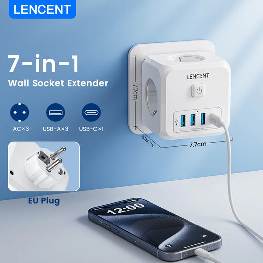 Extender Presa 7-in-1 - 3 USB + 1 Tipo C + 3 Prese EU con Interruttore