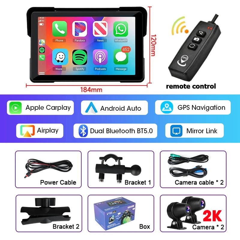 Schermo Moto 7" Wireless CarPlay & Android Auto | GPS | DVR | IPX7 | Touchscreen