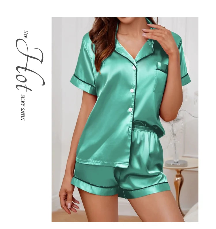 Pigiama Satin Donna - Top con Bottoni + Shorts - Set Notte Estat