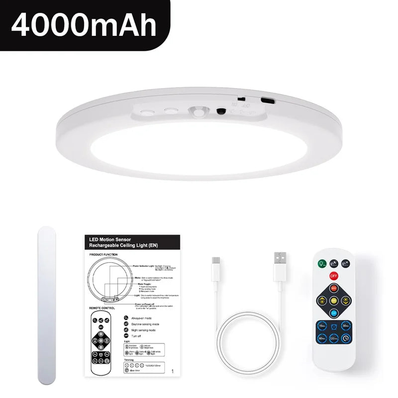 Luce Soffitto a Sensore di Movimento Ricaricabile USB | Lampada Magnetica Wireless con Telecomando | LED 3 Colori Dimmerabile per Cucina, Camera, Corridoio
