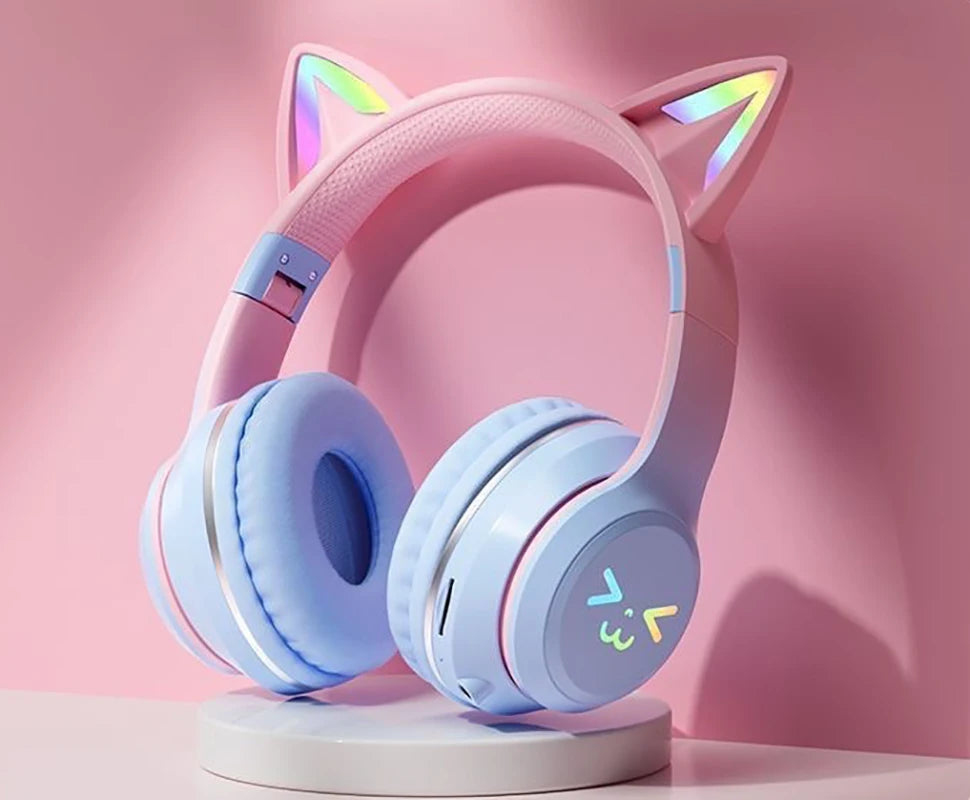 Cuffie Gatto Bluetooth 5.1 – Luci LED Colorate, Graziose Orecchie, Stereo HD