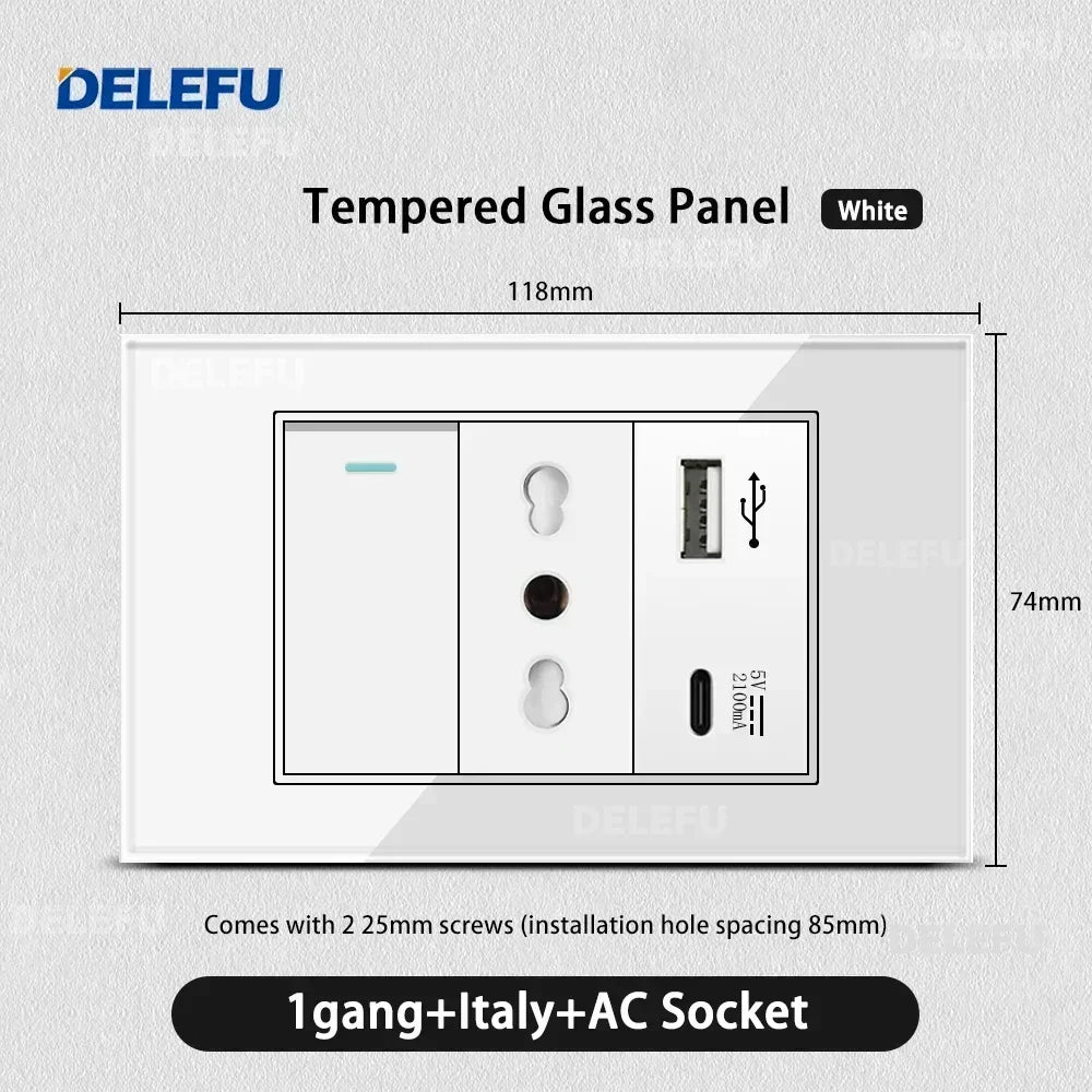 ⚡ Presa Muro Smart DELEFU - Vetro Temperato Bianco, USB Type-C, Ricarica Rapida 20W, Compatibile con Schuko Italia
