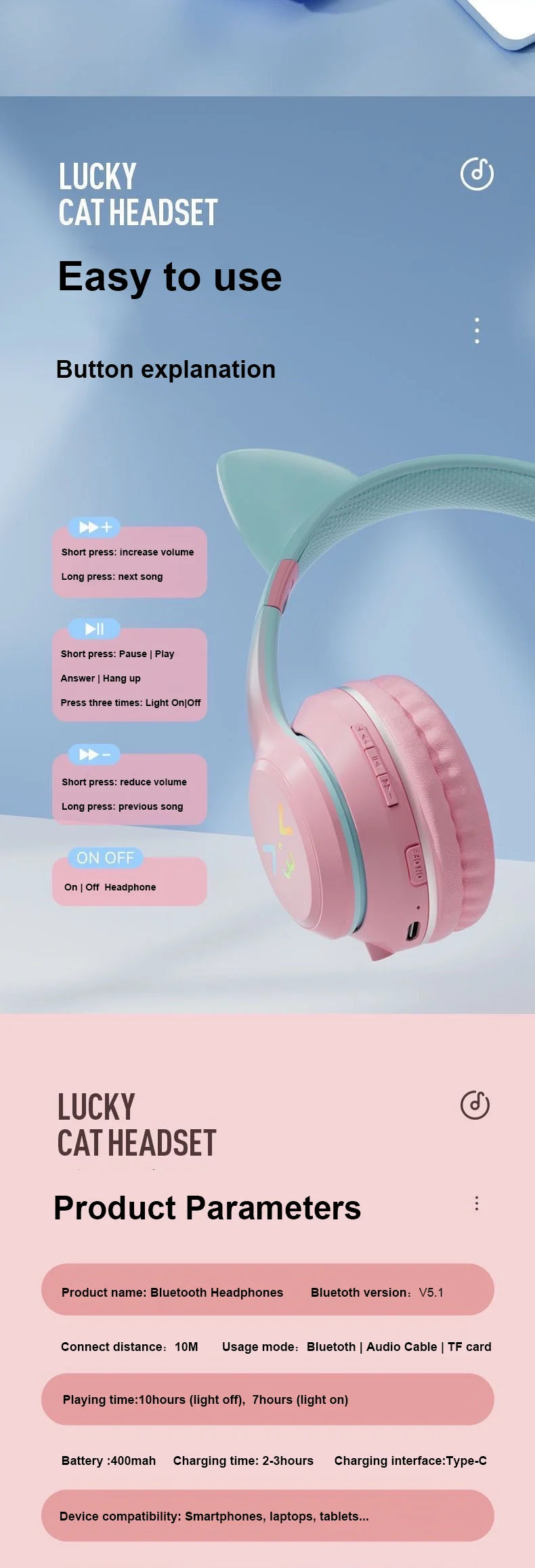 Cuffie Gatto Bluetooth 5.1 – Luci LED Colorate, Graziose Orecchie, Stereo HD